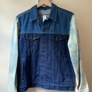 Upcycled Gap Jean Jacket multi tone with fuzzy back print & clouded sleeves